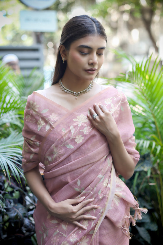 Tissue Linen Saree with Painted Florals & Delicate Aari Work- Blush Pink