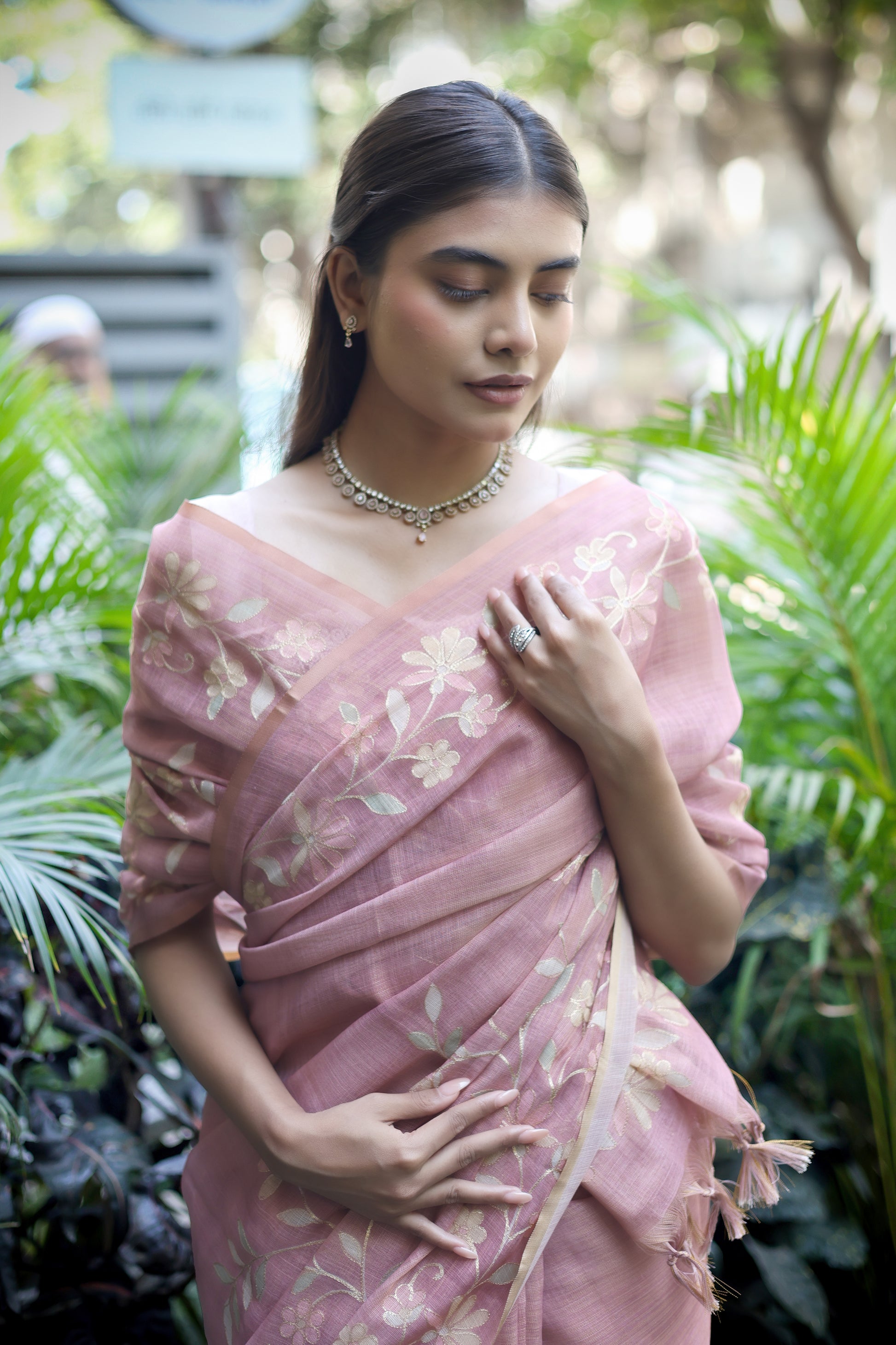 Tissue Linen Saree with Painted Florals & Delicate Aari Work- Blush Pink