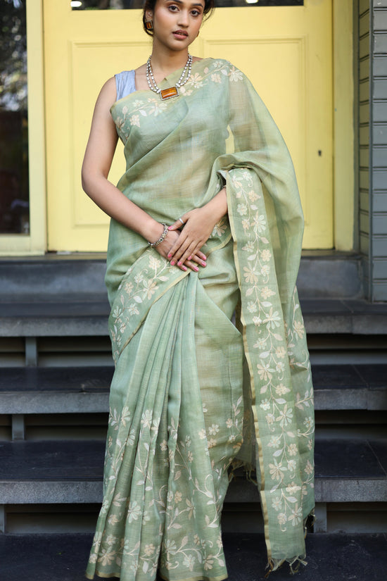 Tissue Linen Saree with Painted Florals & Delicate Aari Work- Parrot Green