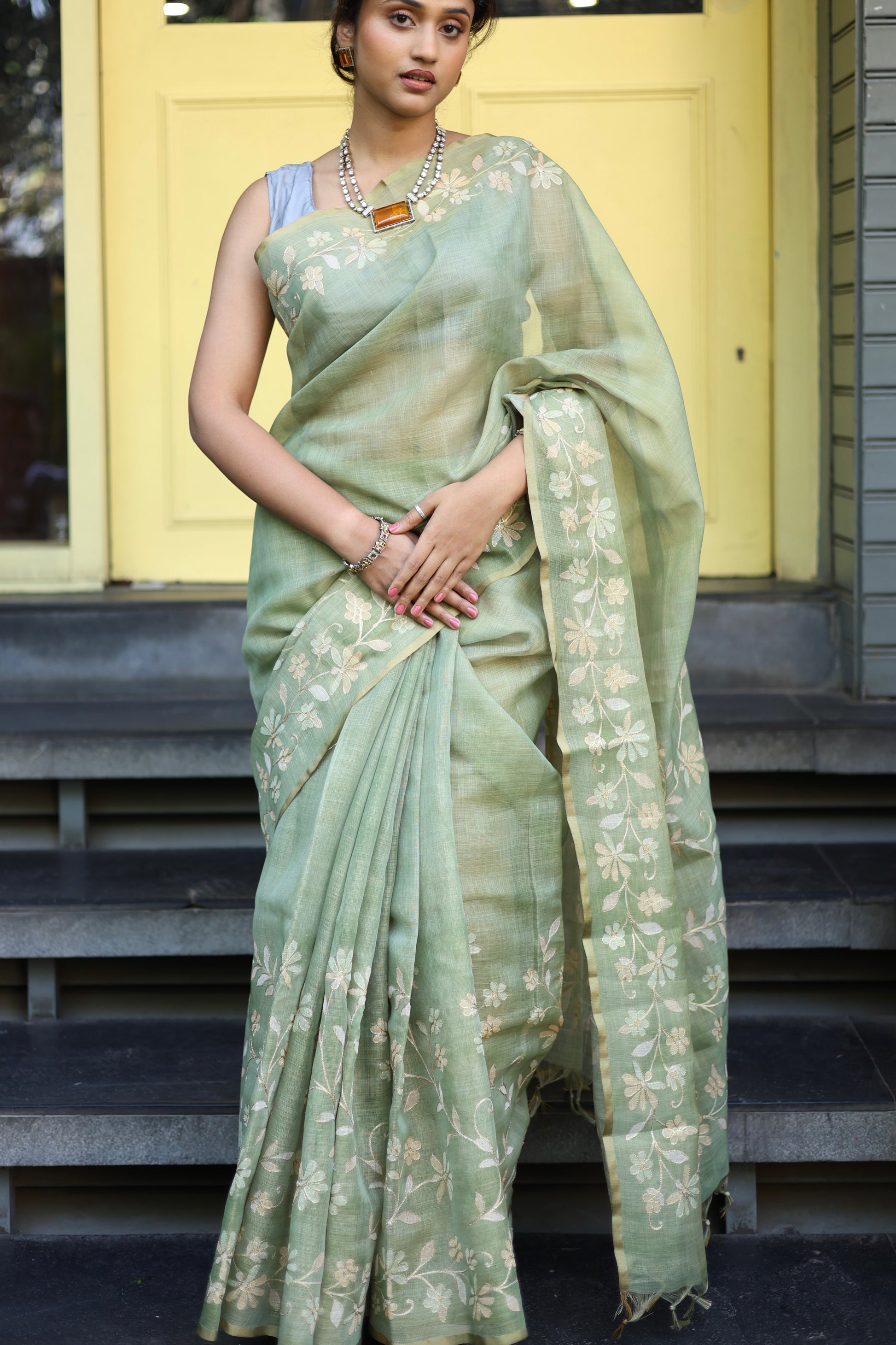 Tissue Linen Saree with Painted Florals & Delicate Aari Work- Parrot Green