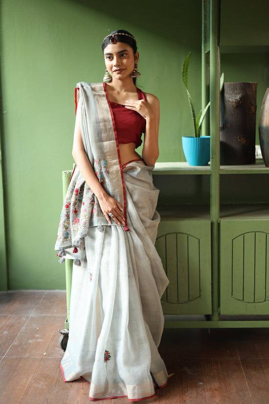 Premium Tissue Linen Saree with Hand Embroidery- grey