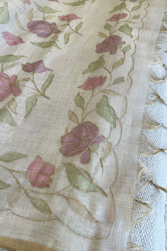 Tissue Linen Saree with Hand-Painted Florals & Delicate Aari Work- white/pink