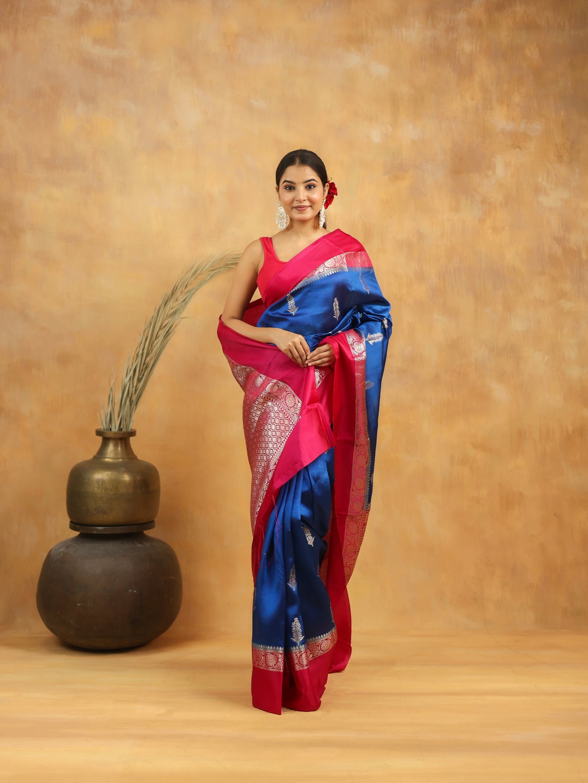 Royal Blue Banarasi Raw Silk Saree with Rani Pink Border and silver zari weaving