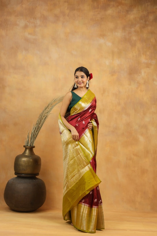 Handwoven Maroon Banarasi Raw Silk Saree with Antique Gold Zari Border