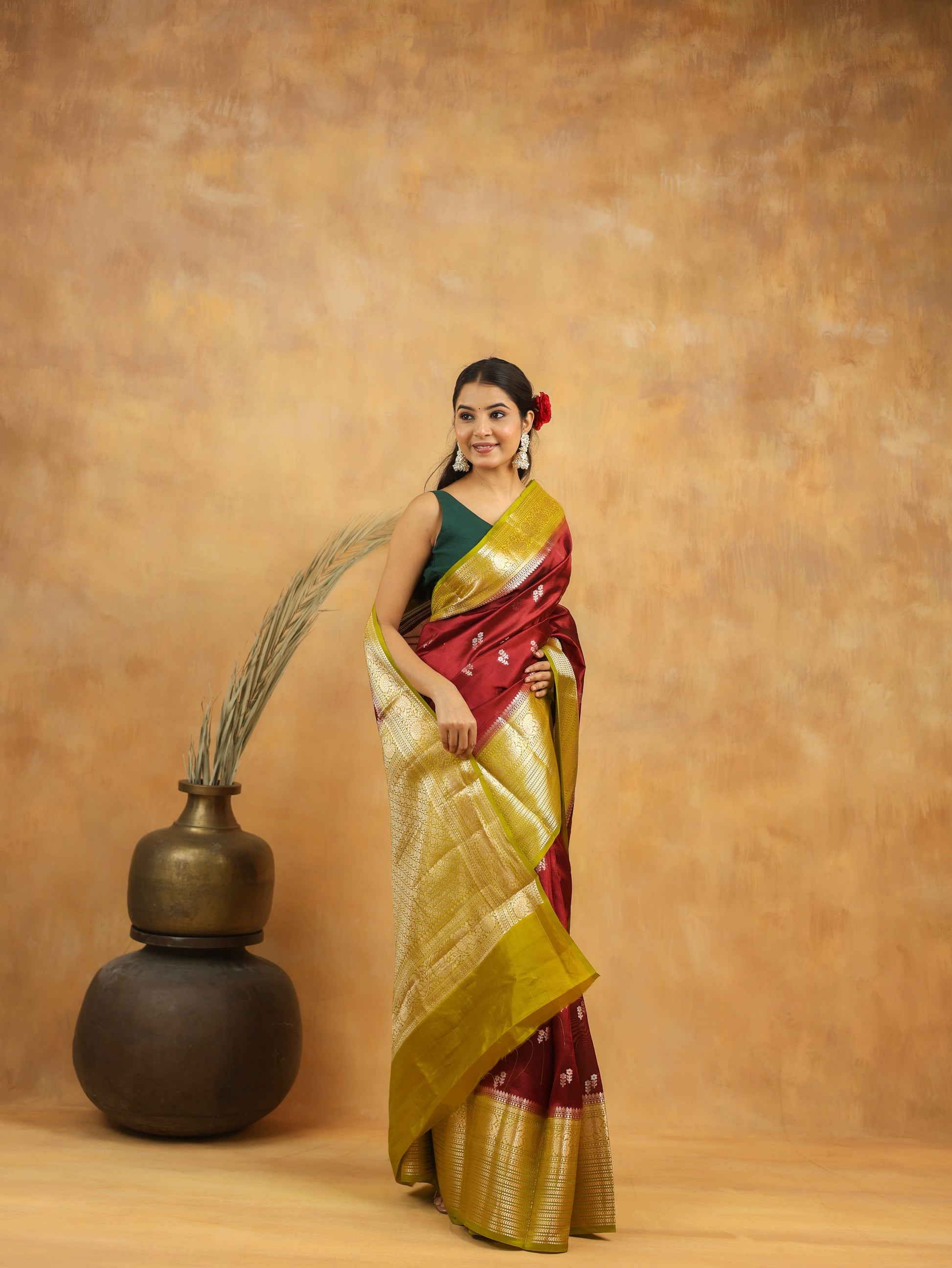 Handwoven Maroon Banarasi Raw Silk Saree with Antique Gold Zari Border