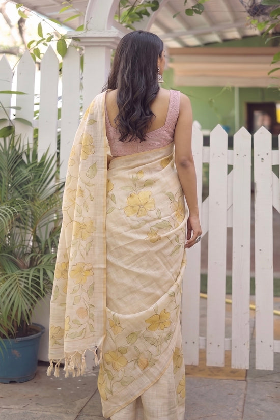 Tissue Linen Saree with Hand-Painted Florals & Delicate Aari Work- white/yellow