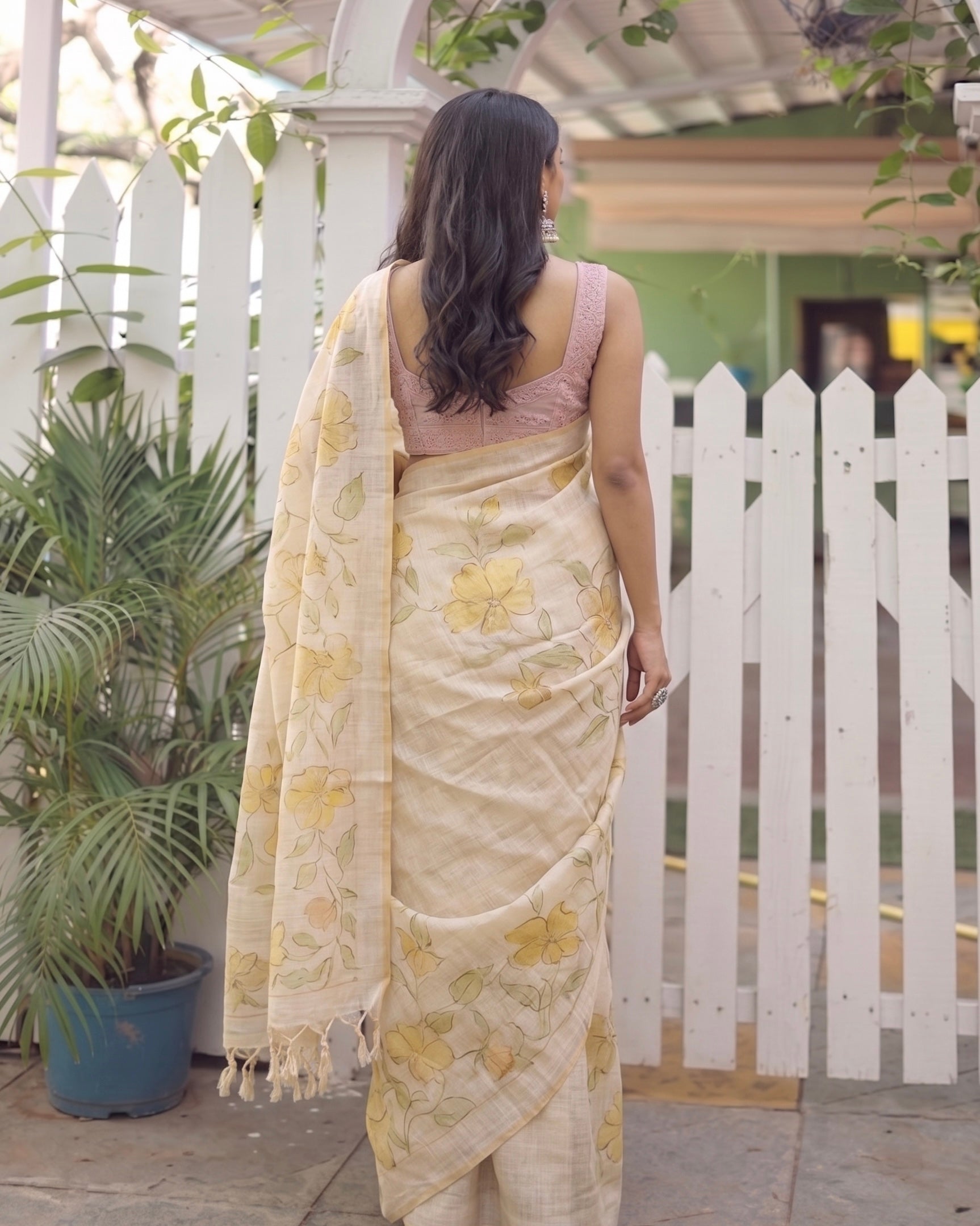 Tissue Linen Saree with Hand-Painted Florals & Delicate Aari Work- white/yellow