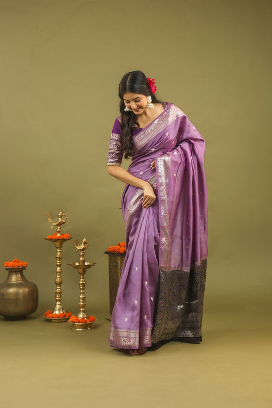 Lavender Pure Tussar Silk Saree with Silver & Black Zari Border