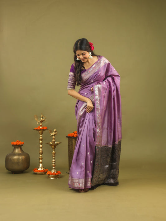 Lavender Pure Tussar Silk Saree with Silver & Black Zari Border