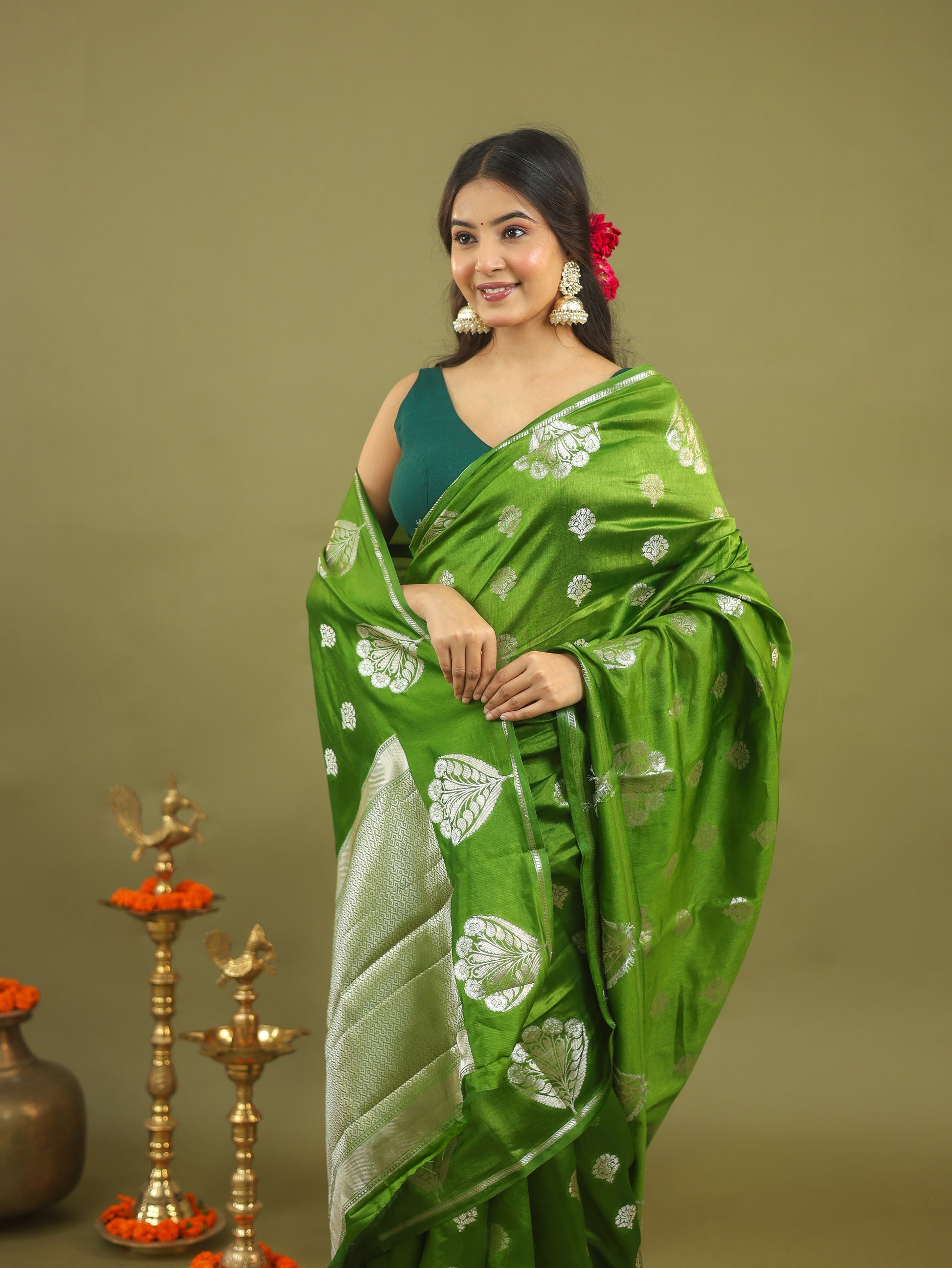 Parrot Green Pure Tussar Silk Saree with Silver Zari Buta & Rich Pallu