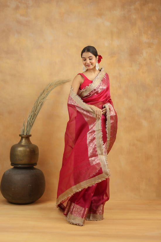 Tissue Silk Saree in Magenta Pink with Gold Zari Border