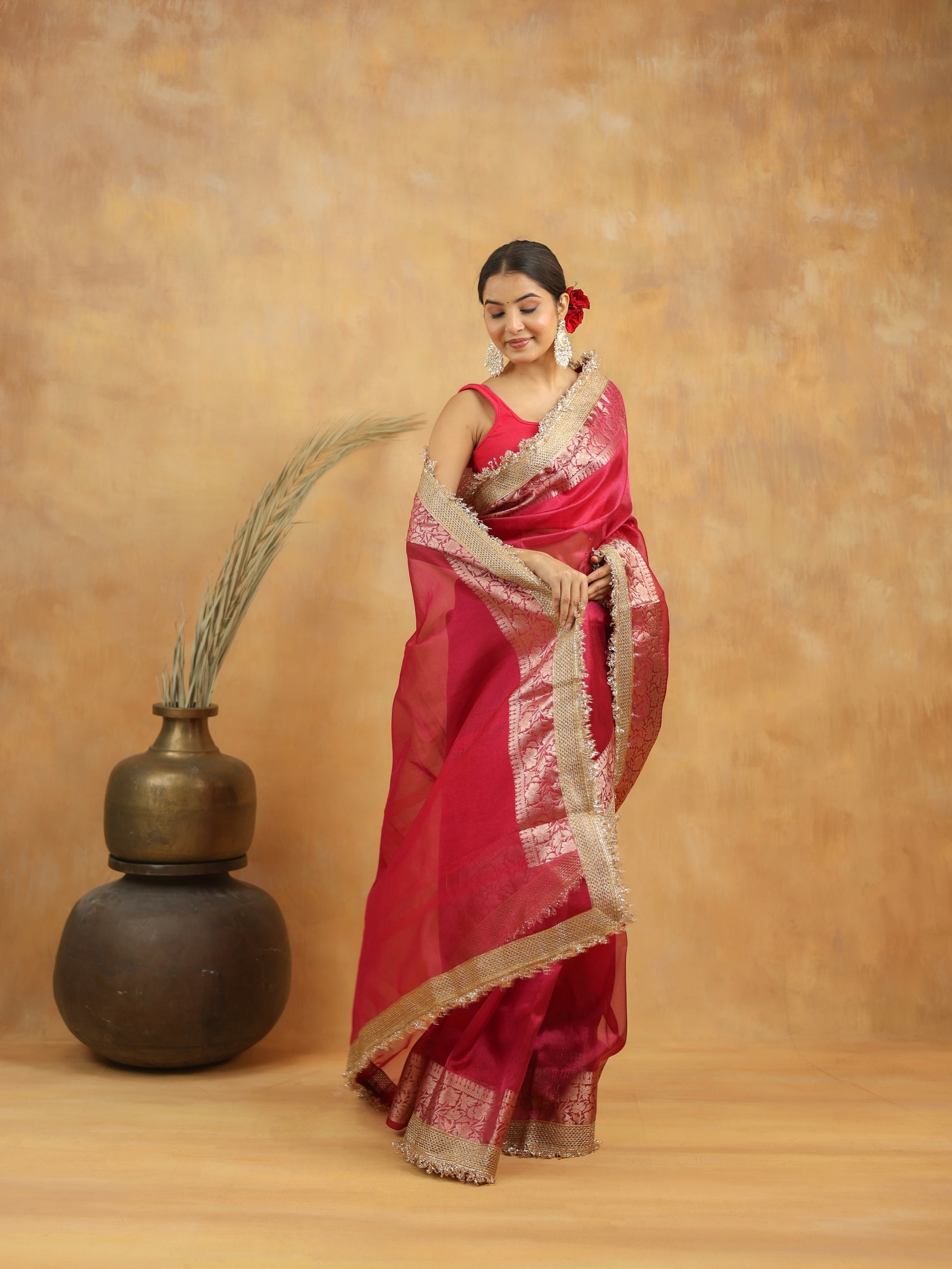 Tissue Silk Saree in Magenta Pink with Gold Zari Border