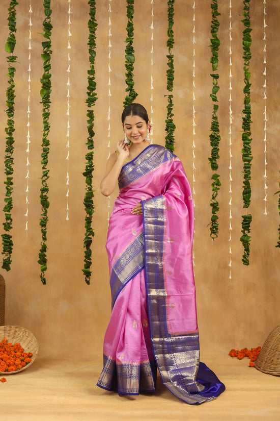Handwoven Banarasi Raw Mango Silk Saree in Rani Pink with Contrast Blue Pallu & Border