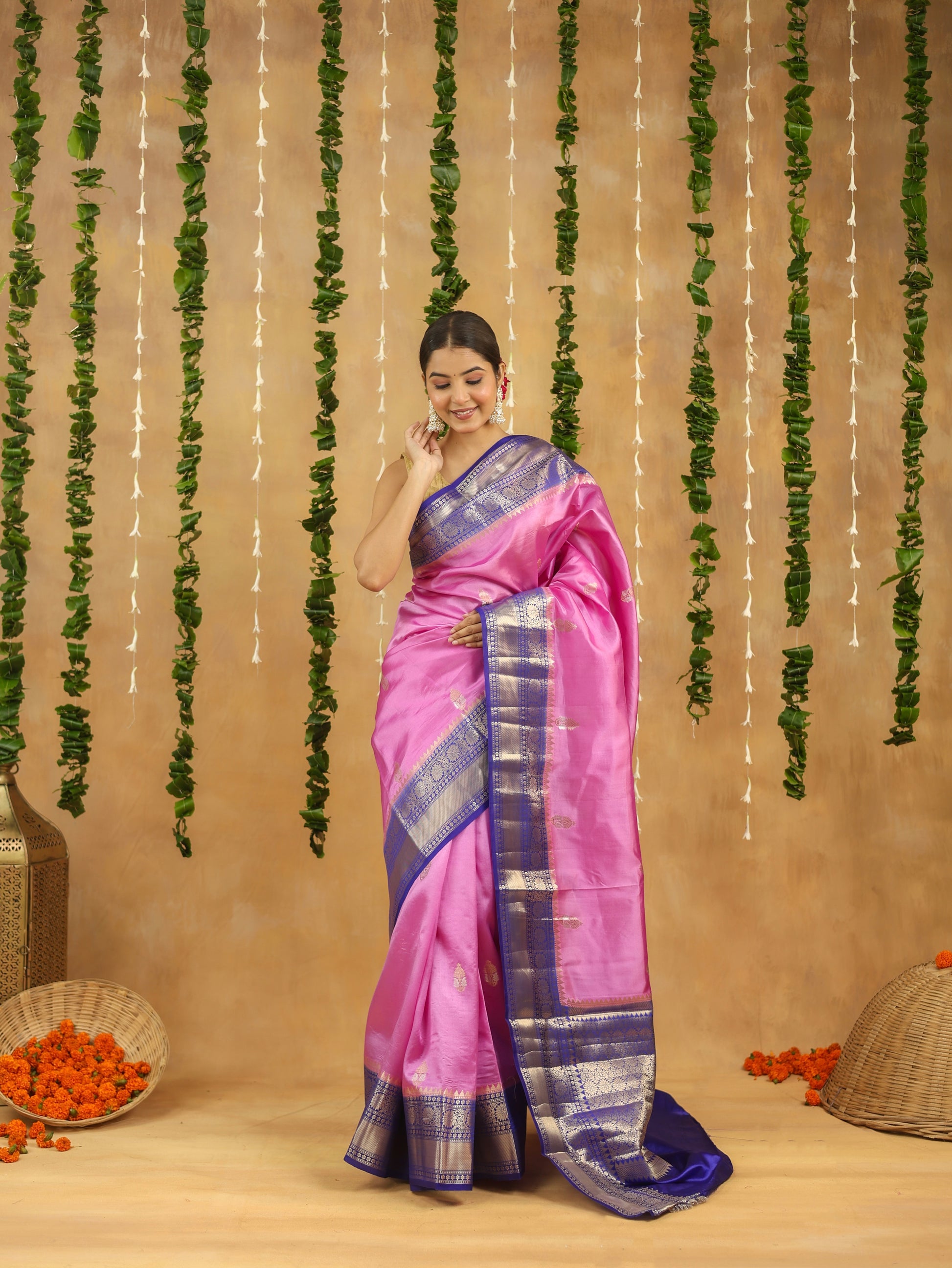 Handwoven Banarasi Raw Mango Silk Saree in Rani Pink with Contrast Blue Pallu & Border
