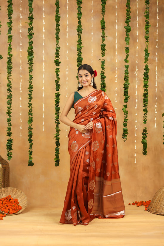 Rust Orange Pure Tussar Silk Saree with Silver Zari Buta & Rich Pallu