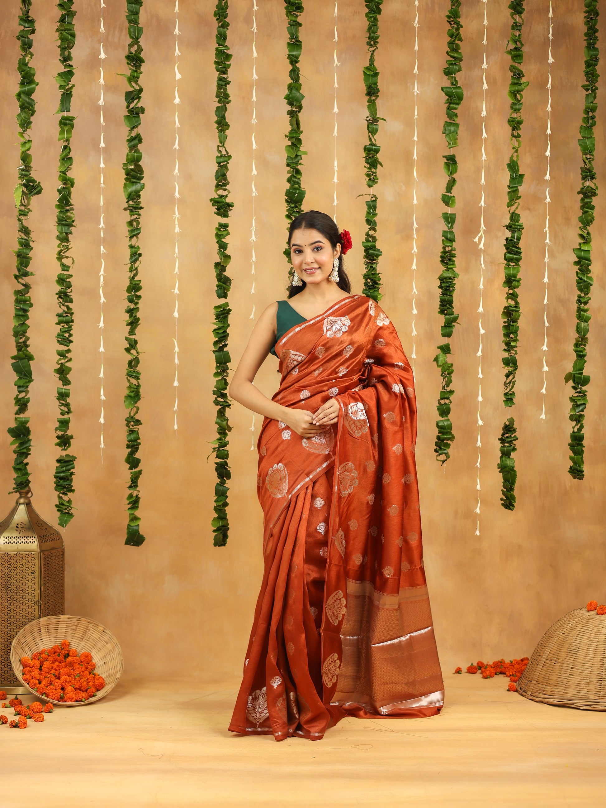 Rust Orange Pure Tussar Silk Saree with Silver Zari Buta & Rich Pallu