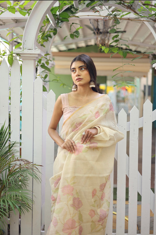 Tissue Linen Saree with Hand-Painted Florals & Delicate Aari Work- white/pink