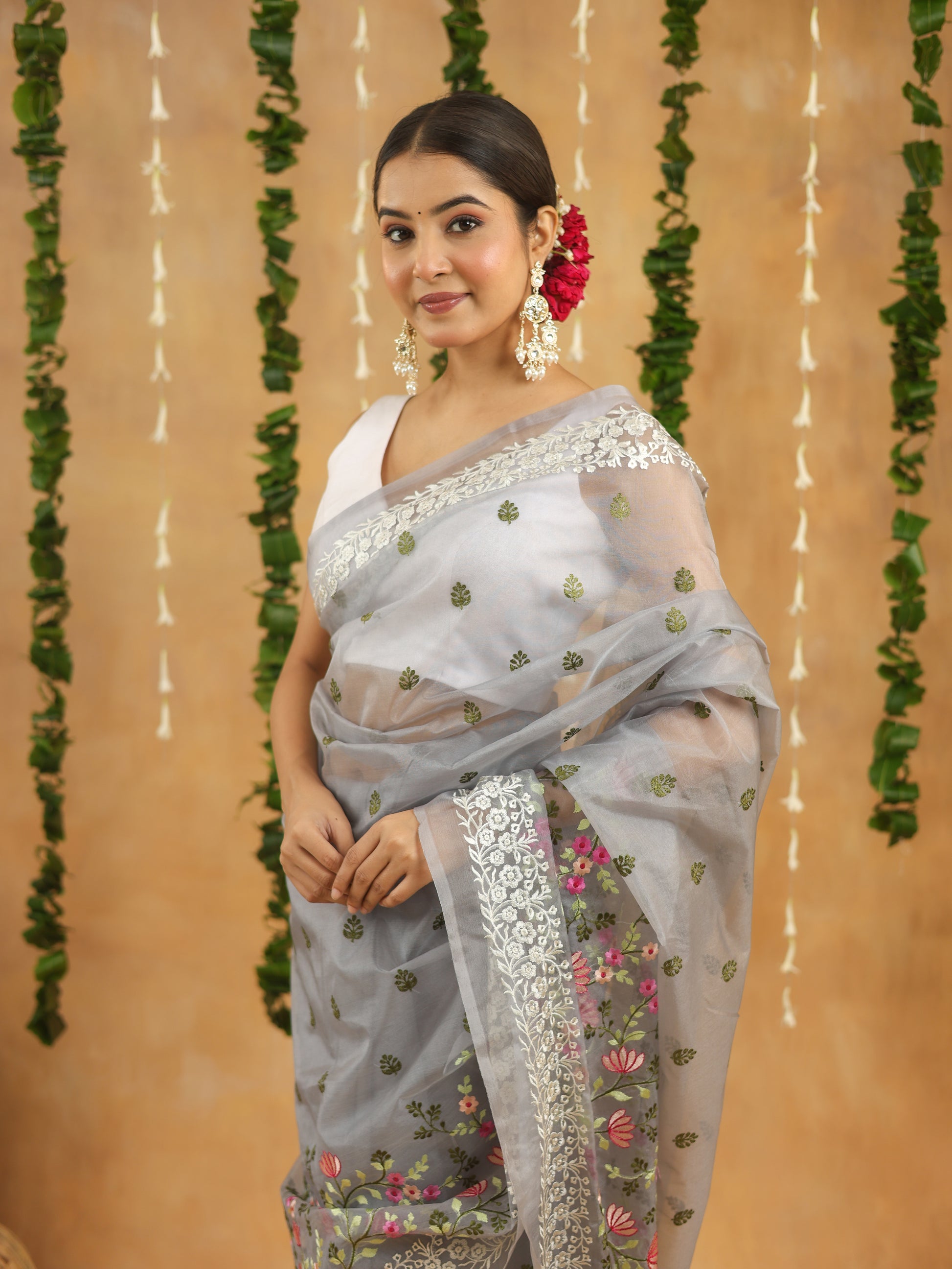 Silver Grey with Multi Color Floral Embroidered Organza Saree