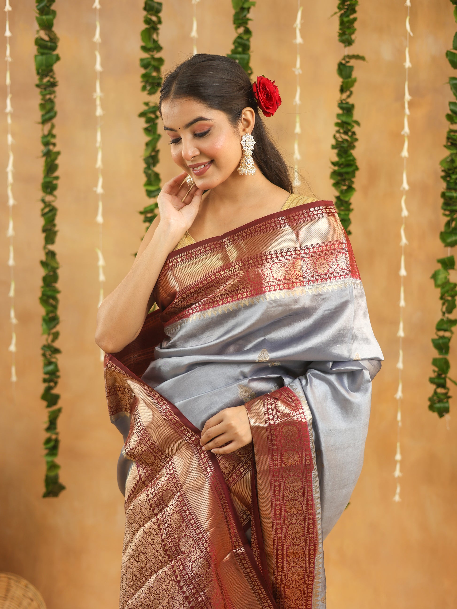 Handwoven Antique Grey Banarasi Raw Mango Silk saree with Antique Wine Zari