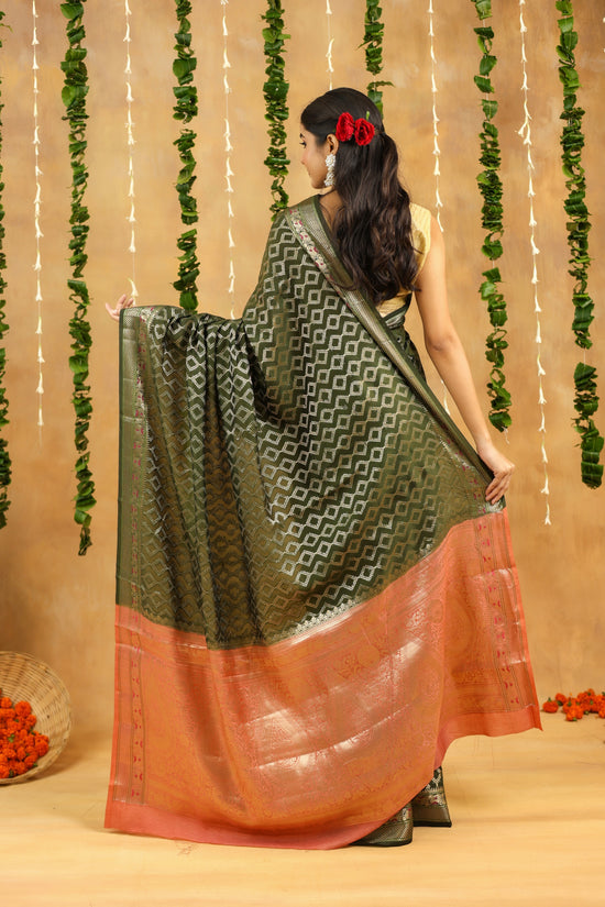 Green-Gold Geometric Pure Tussar Silk Saree with Zari Border