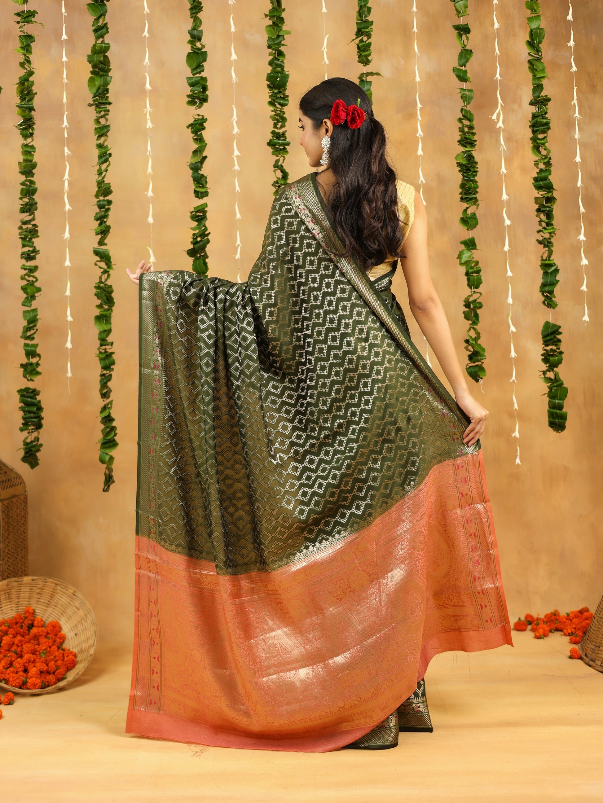 Green-Gold Geometric Pure Tussar Silk Saree with Zari Border