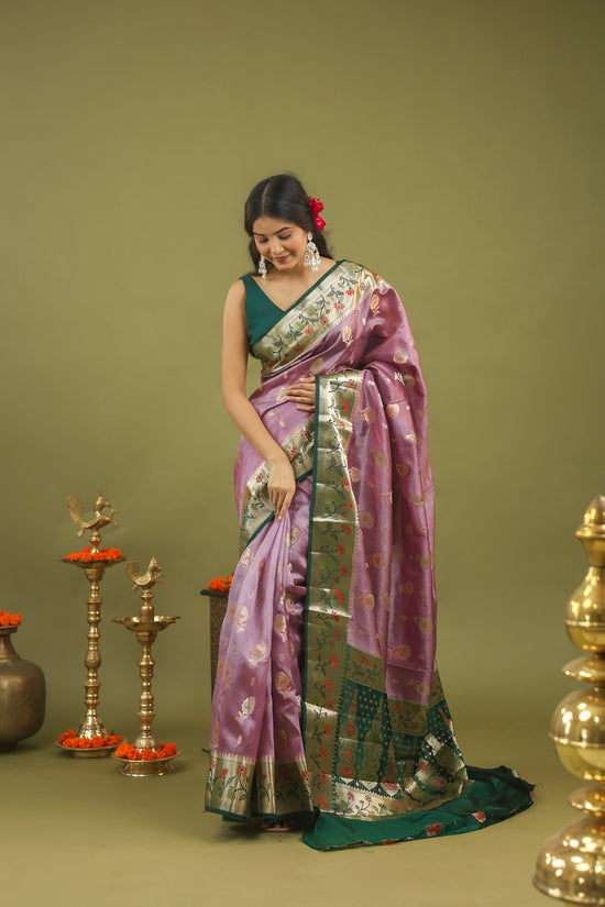 Lavender-Green Banarasi Dupion Silk Saree with Zari & Floral Motifs
