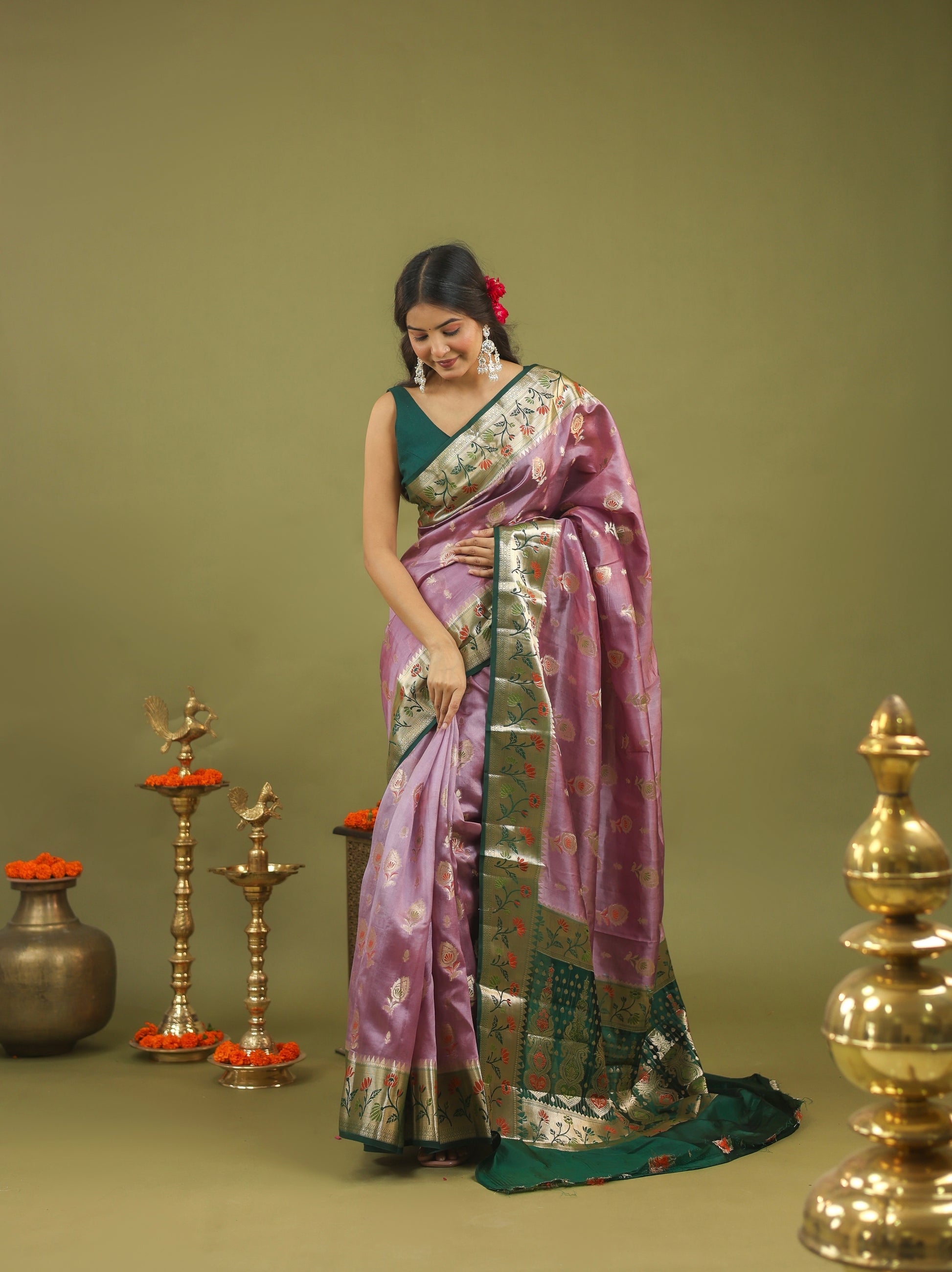 Lavender-Green Banarasi Dupion Silk Saree with Zari & Floral Motifs