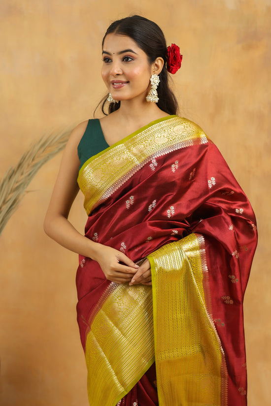 Handwoven Maroon Banarasi Raw Silk Saree with Antique Gold Zari Border