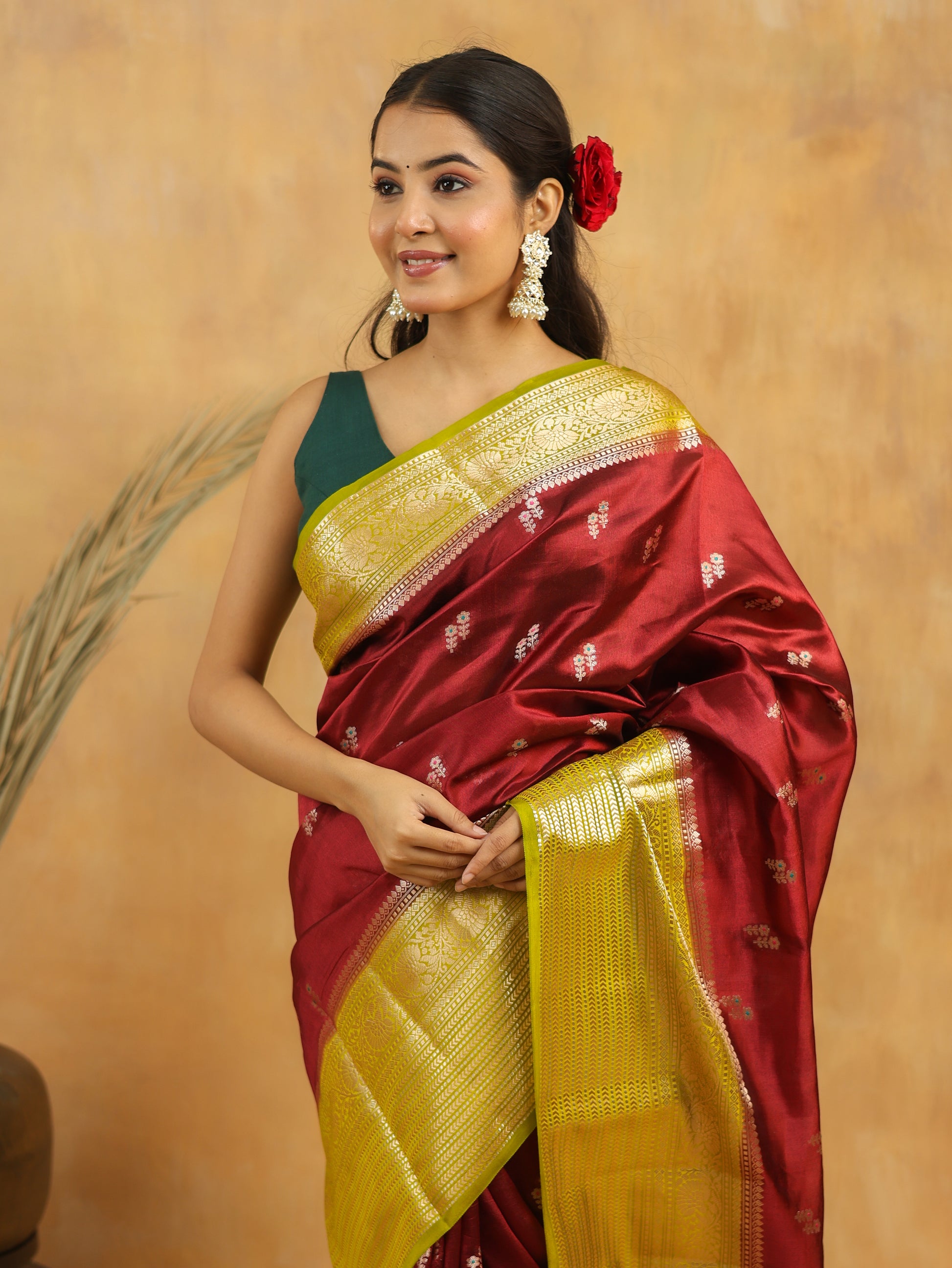 Handwoven Maroon Banarasi Raw Silk Saree with Antique Gold Zari Border