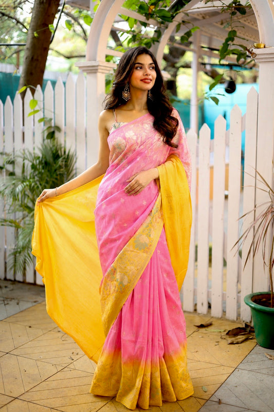 Pink & Sunshine Yellow Ombré Mashru Silk Banarasi Saree