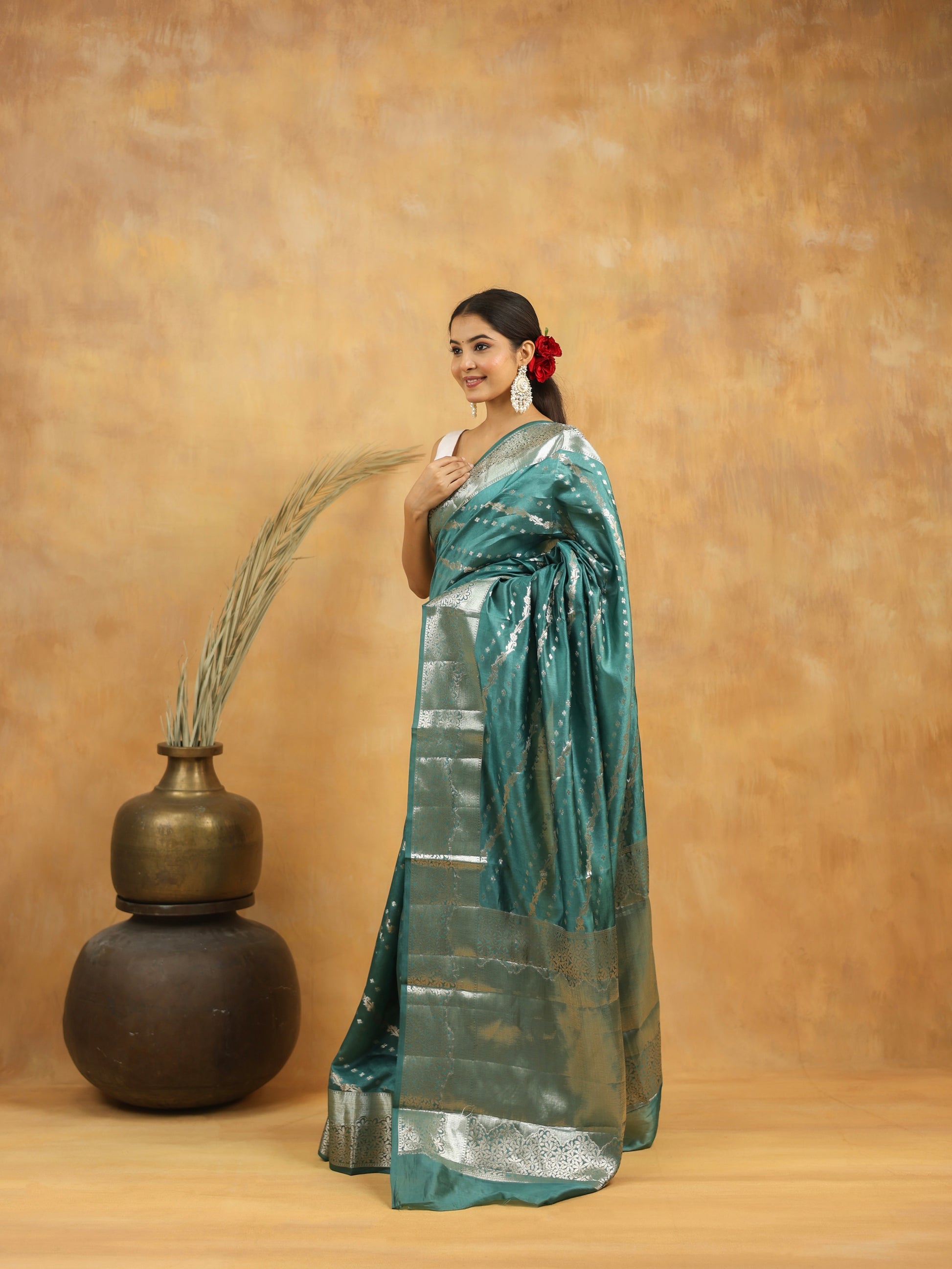 Pure Viscose Silk Saree in Teal Green with Silver Zari Border