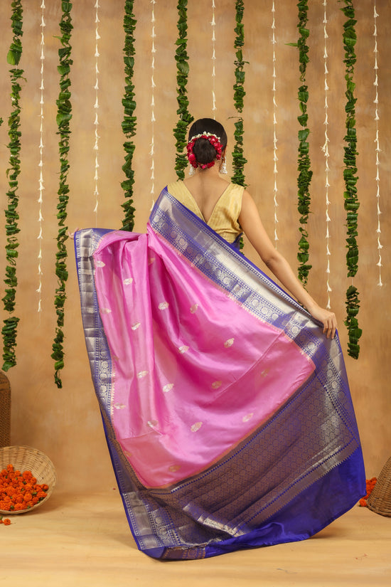Handwoven Banarasi Raw Mango Silk Saree in Rani Pink with Contrast Blue Pallu & Border