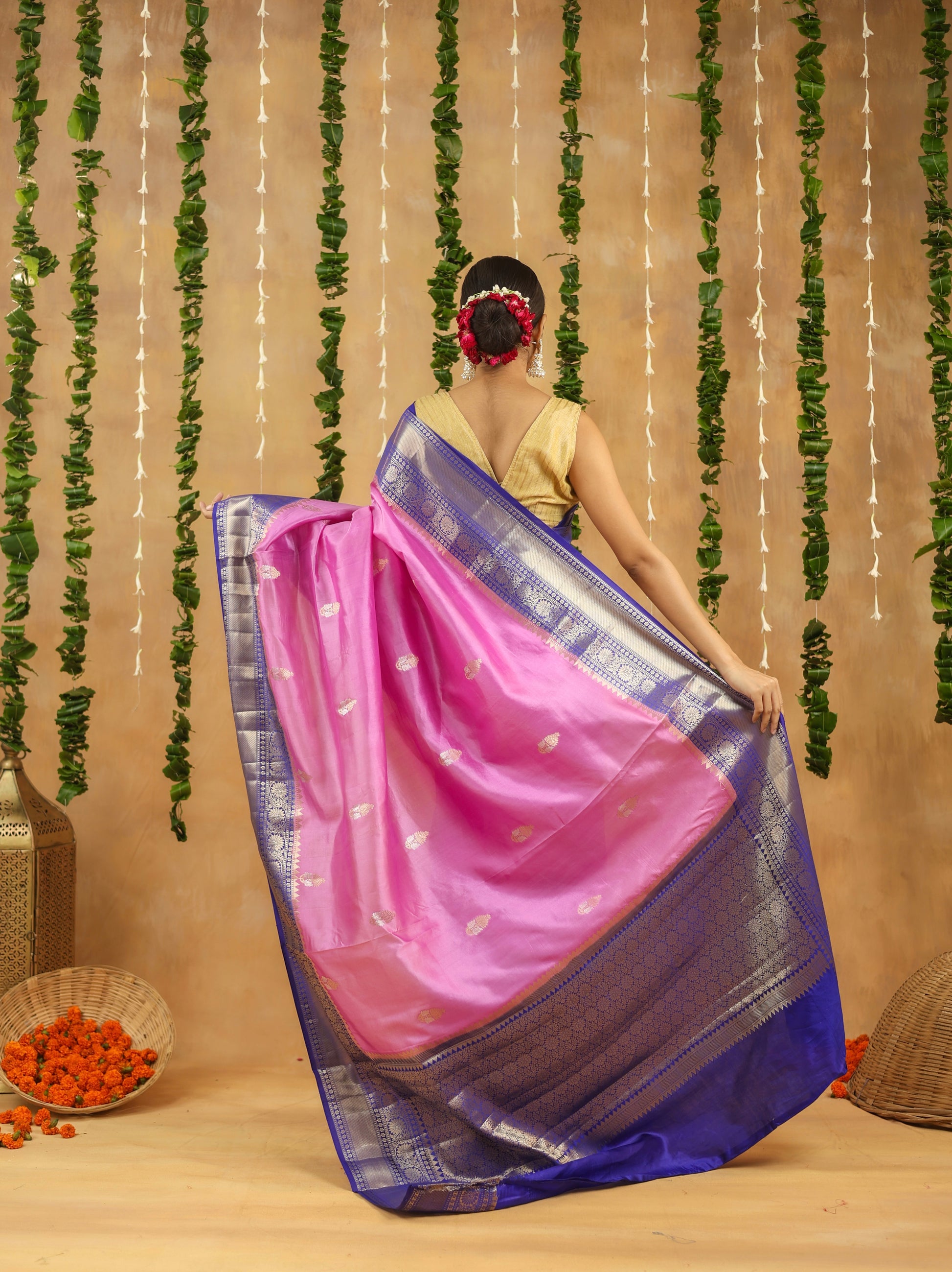 Handwoven Banarasi Raw Mango Silk Saree in Rani Pink with Contrast Blue Pallu & Border
