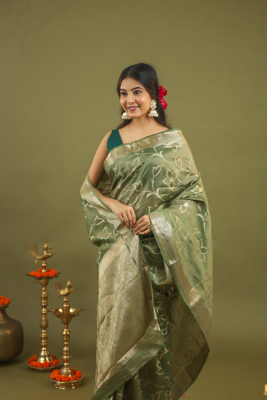 Sage Green Pure Tussar Silk Saree with Silver Floral Zari Motifs & Border