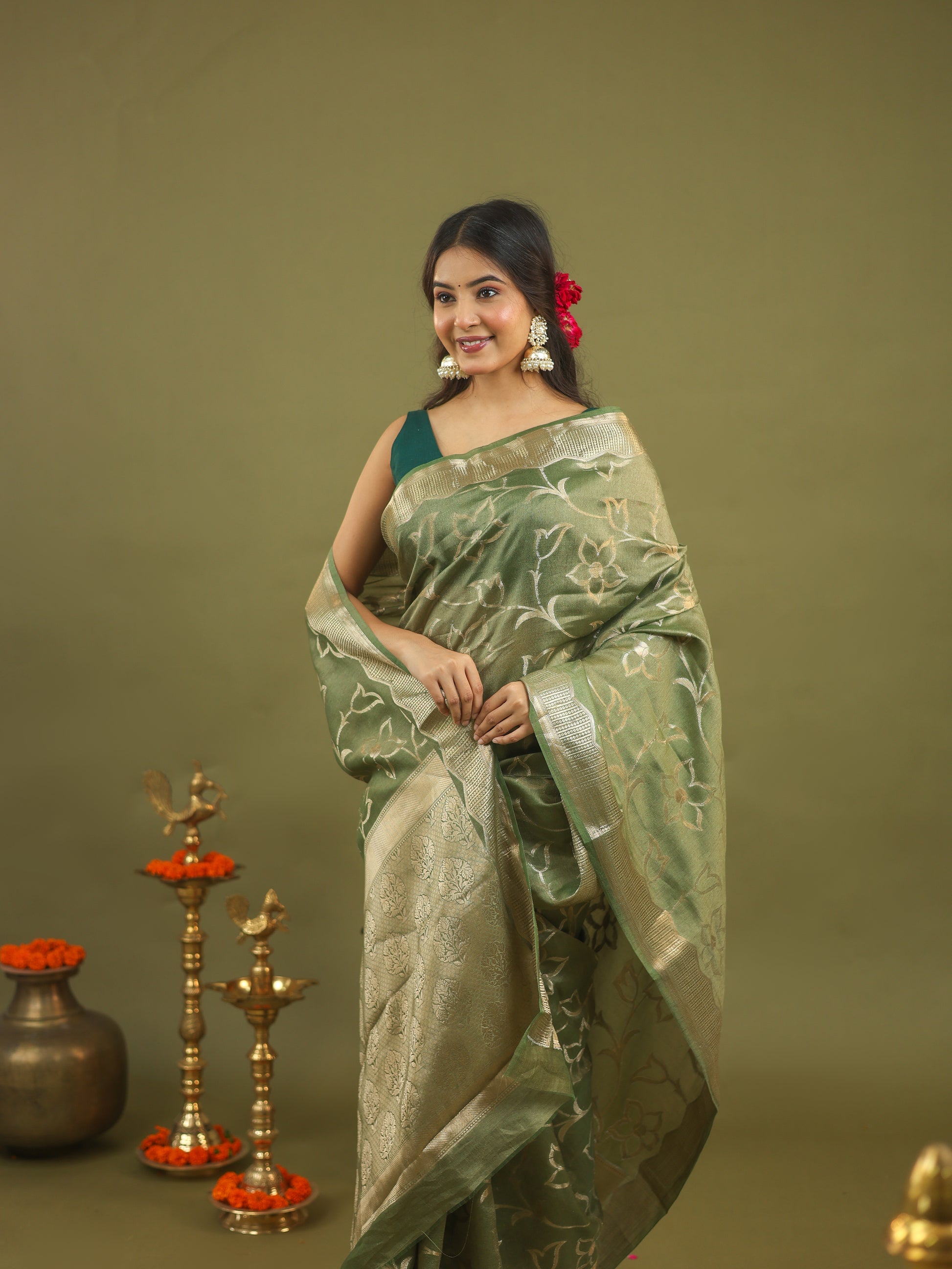 Sage Green Pure Tussar Silk Saree with Silver Floral Zari Motifs & Border