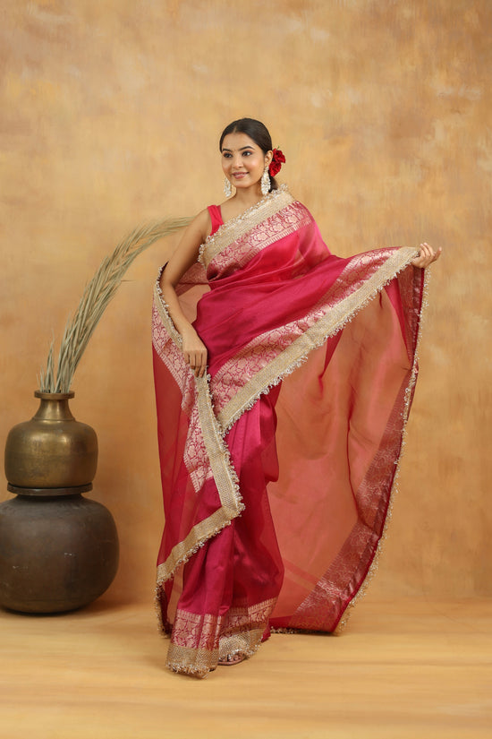 Tissue Silk Saree in Magenta Pink with Gold Zari Border