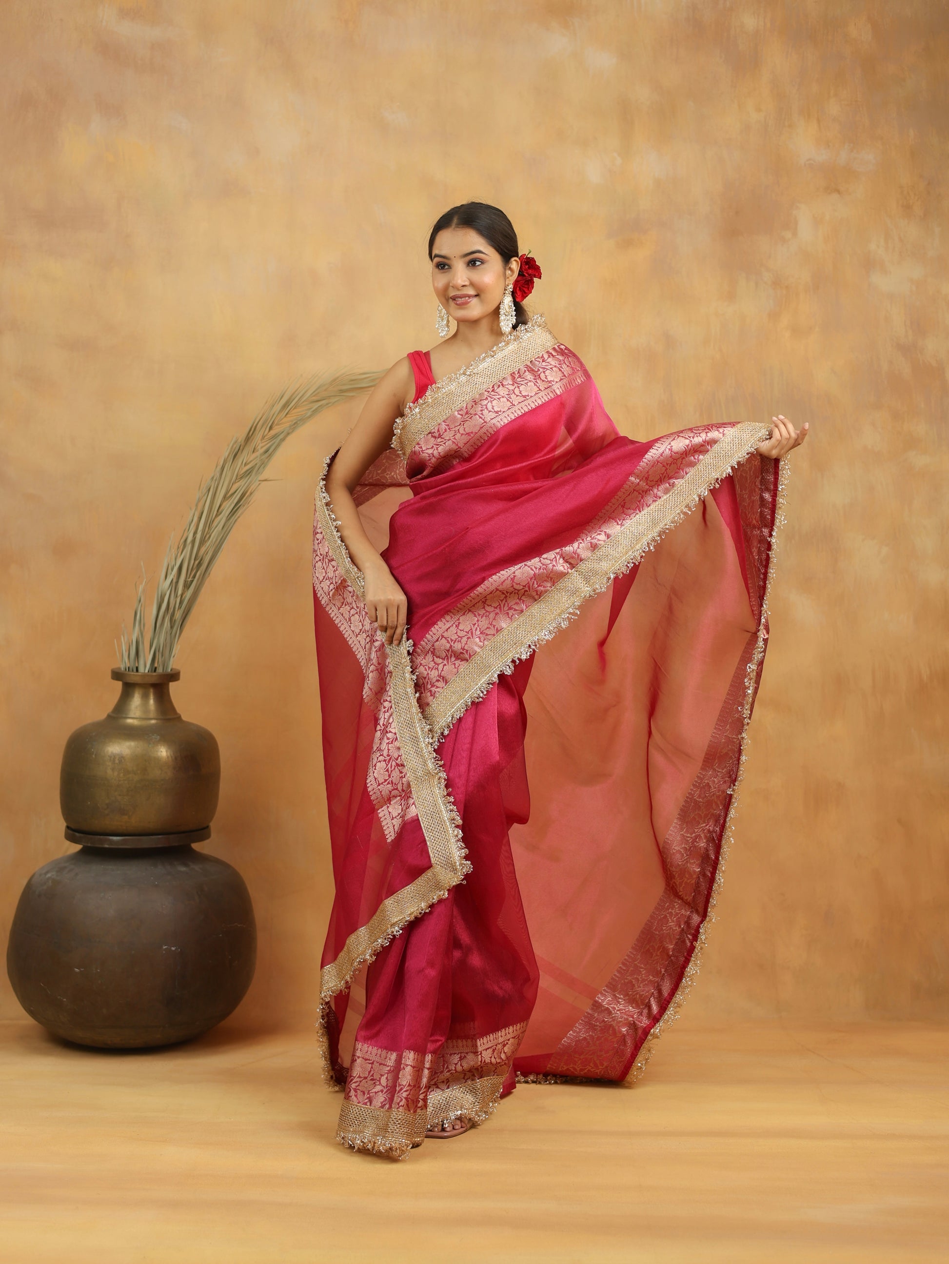 Tissue Silk Saree in Magenta Pink with Gold Zari Border