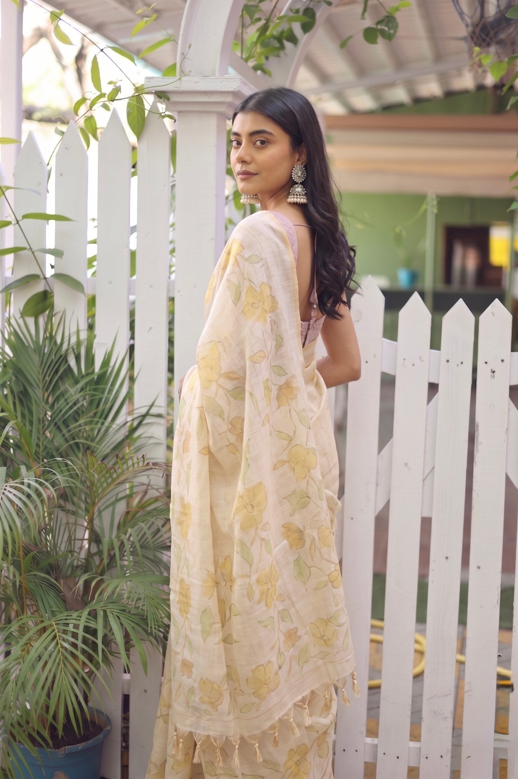 Tissue Linen Saree with Hand-Painted Florals & Delicate Aari Work- white/yellow