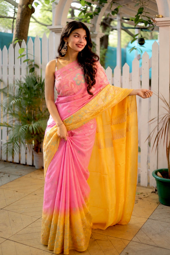 Pink & Sunshine Yellow Ombré Mashru Silk Banarasi Saree