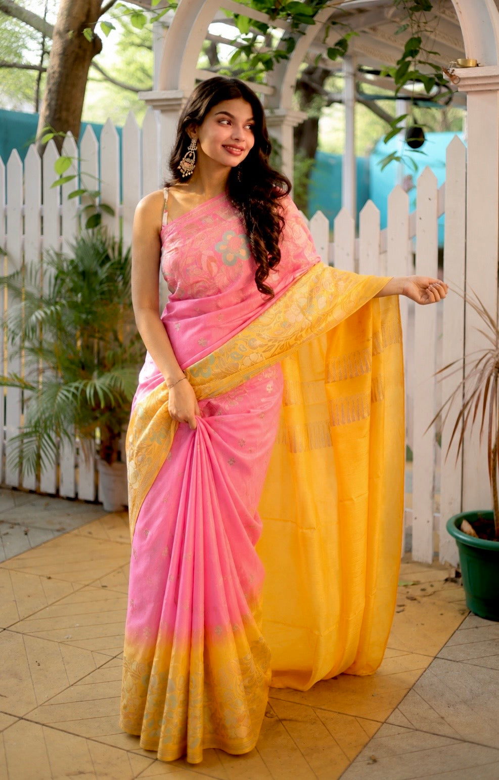 Pink & Sunshine Yellow Ombré Mashru Silk Banarasi Saree