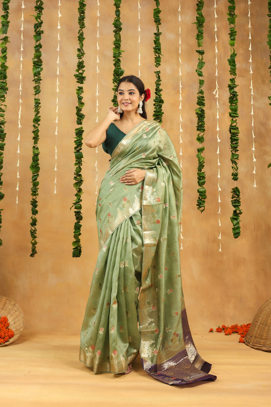 Pastel Green Pure Dupion Silk Saree with Contrasting Silver Zari Border