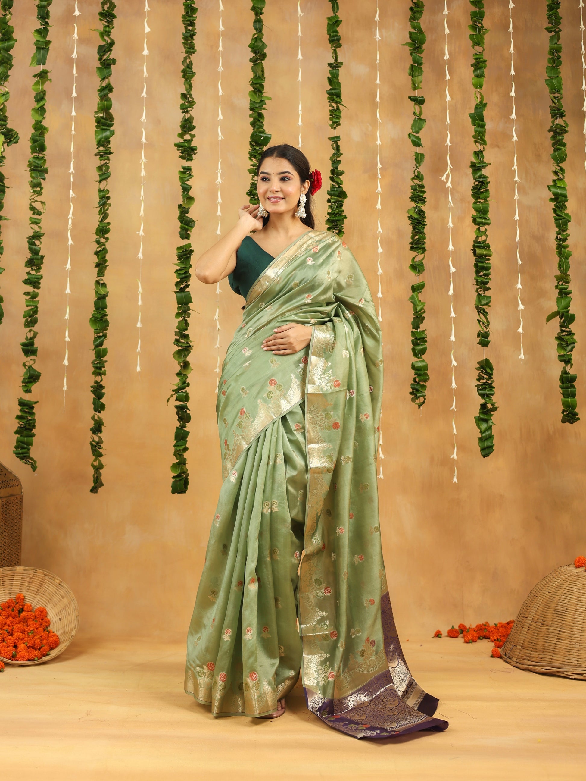 Pastel Green Pure Dupion Silk Saree with Contrasting Silver Zari Border