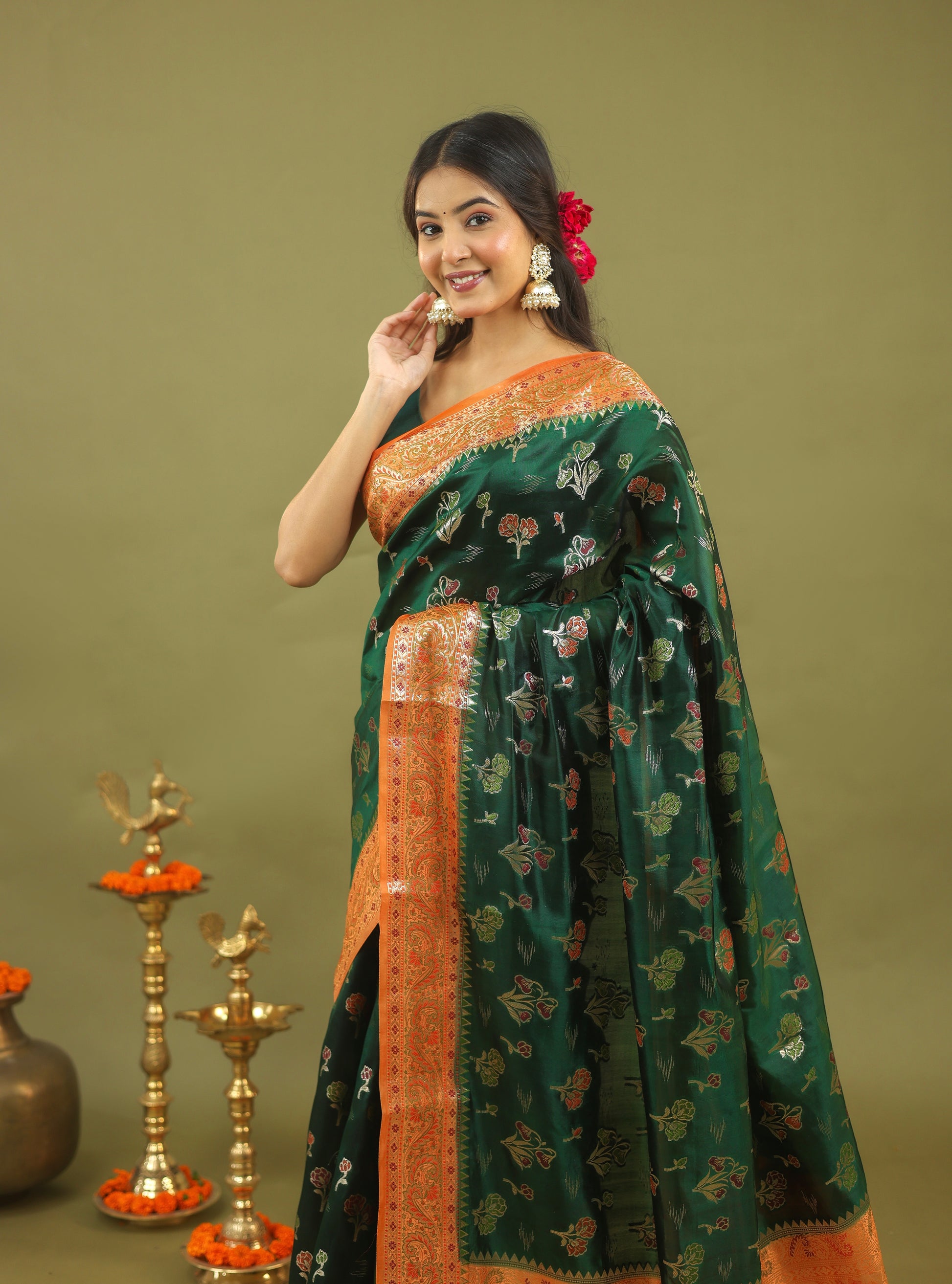 Emerald Green Pure Dupion Silk Saree with Antique Gold Zari Border
