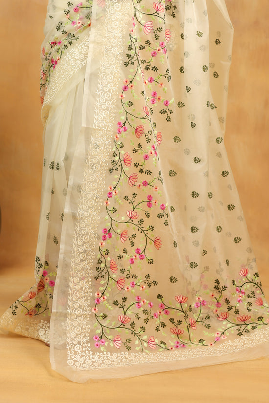 White Blossom Embroidered Organza Saree
