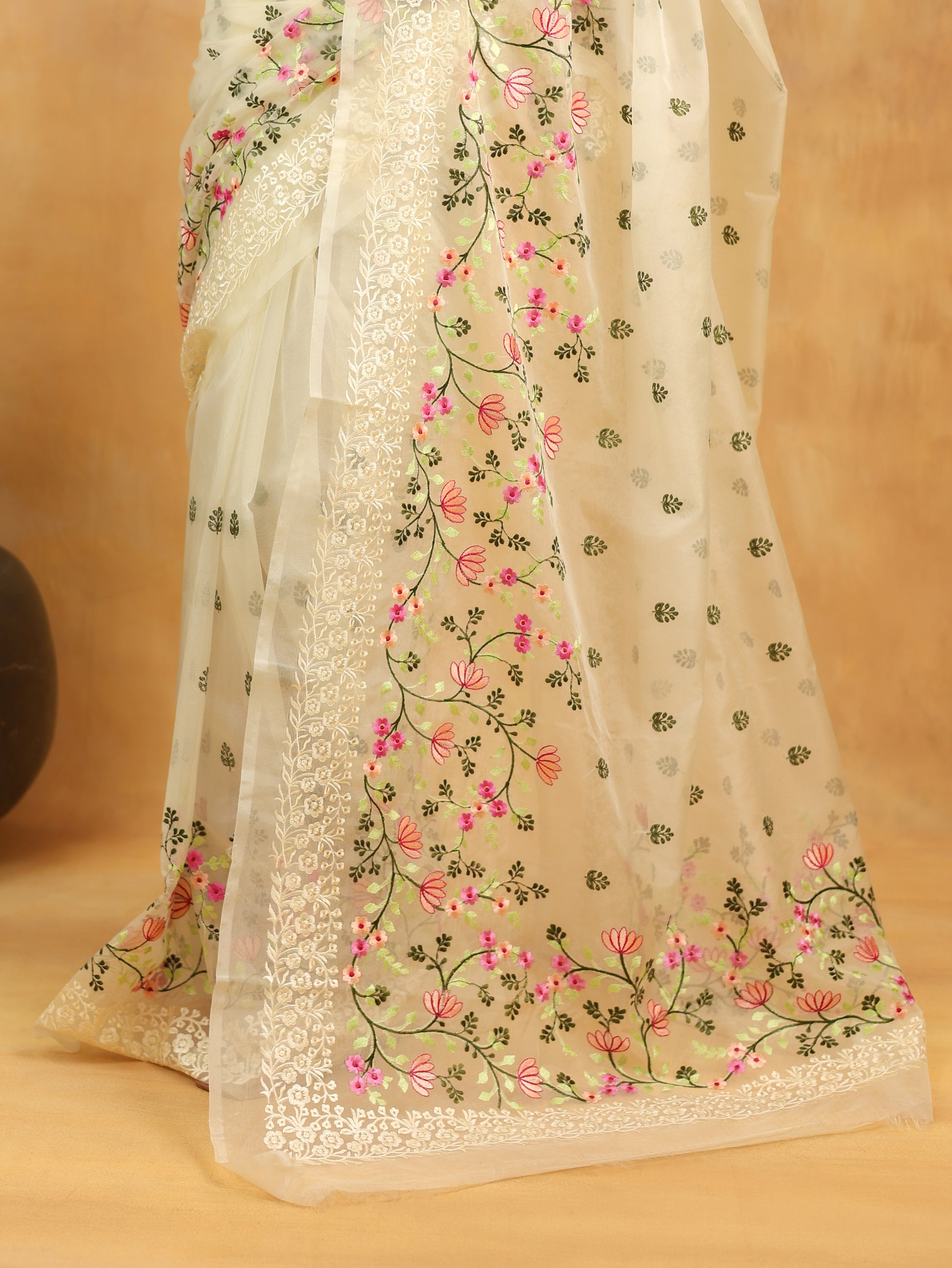 White Blossom Embroidered Organza Saree