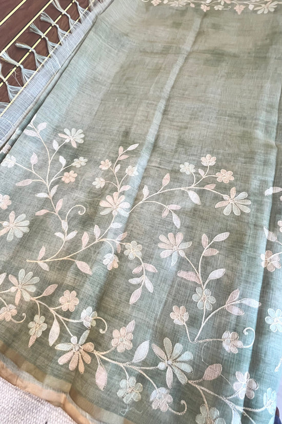 Tissue Linen Saree with Painted Florals & Delicate Aari Work- Parrot Green