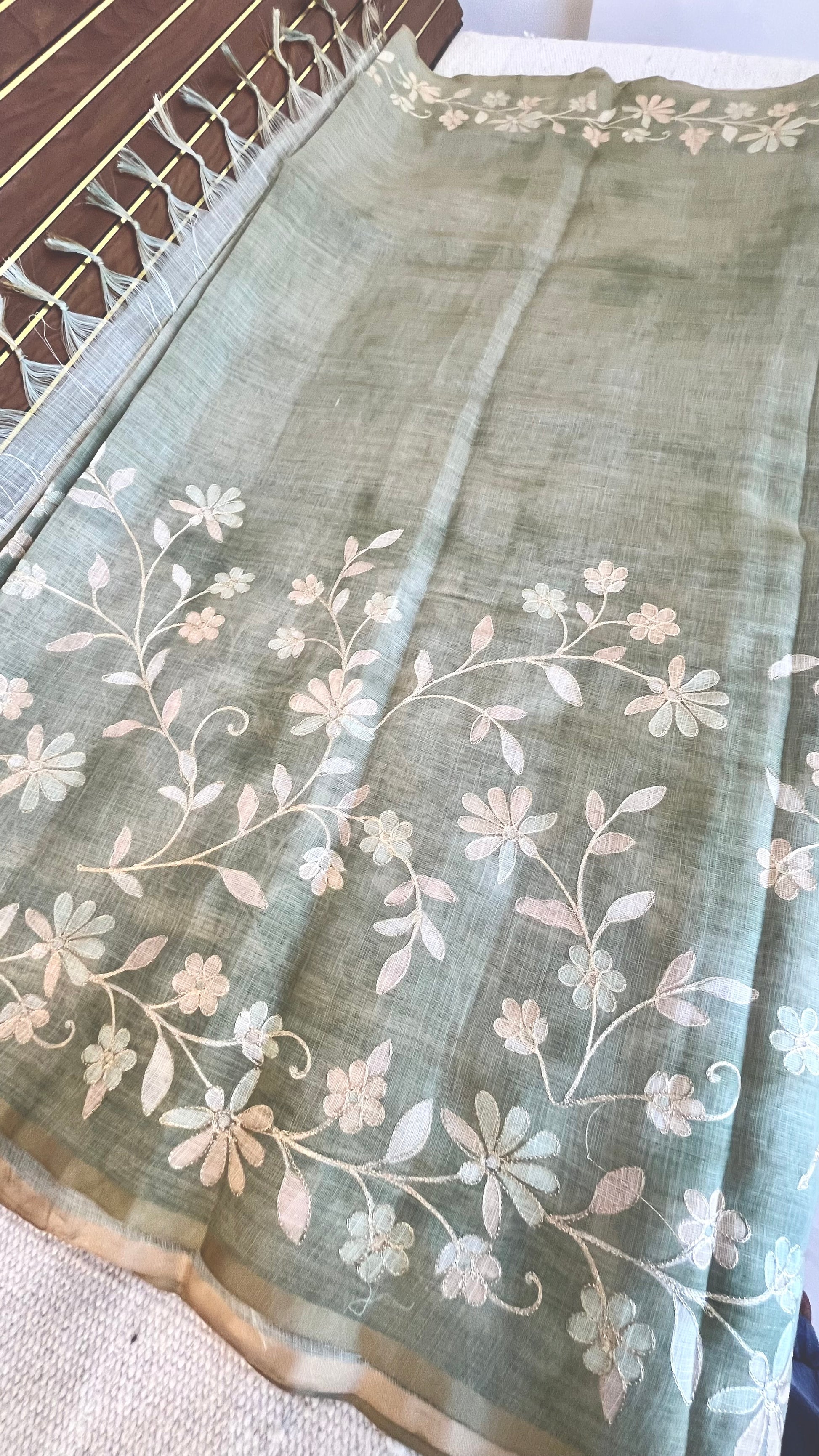 Tissue Linen Saree with Painted Florals & Delicate Aari Work- Parrot Green