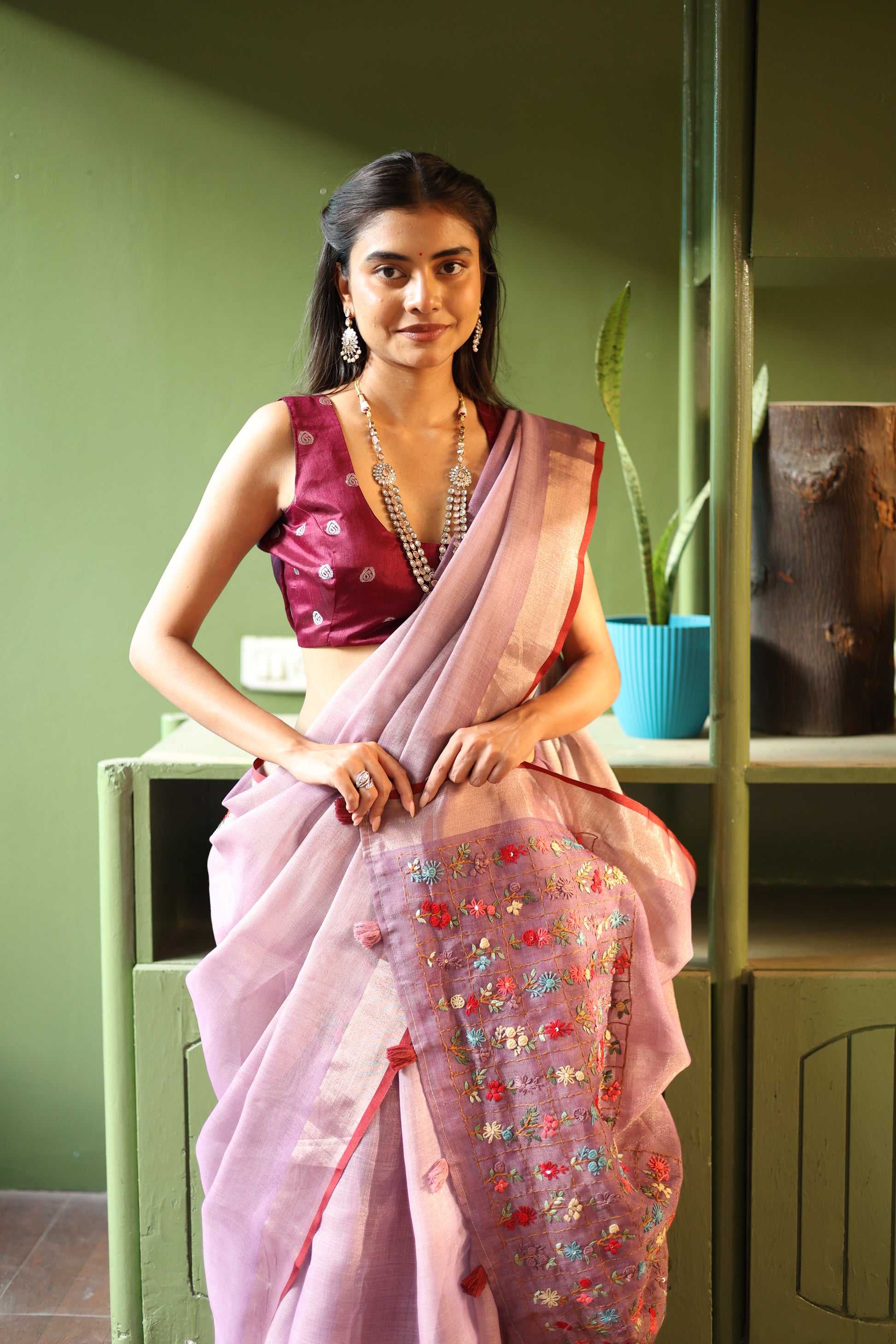 Premium Tissue Linen Sarees with Hand Embroidery- Blush Lilac