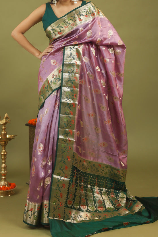 Lavender-Green Banarasi Dupion Silk Saree with Zari & Floral Motifs