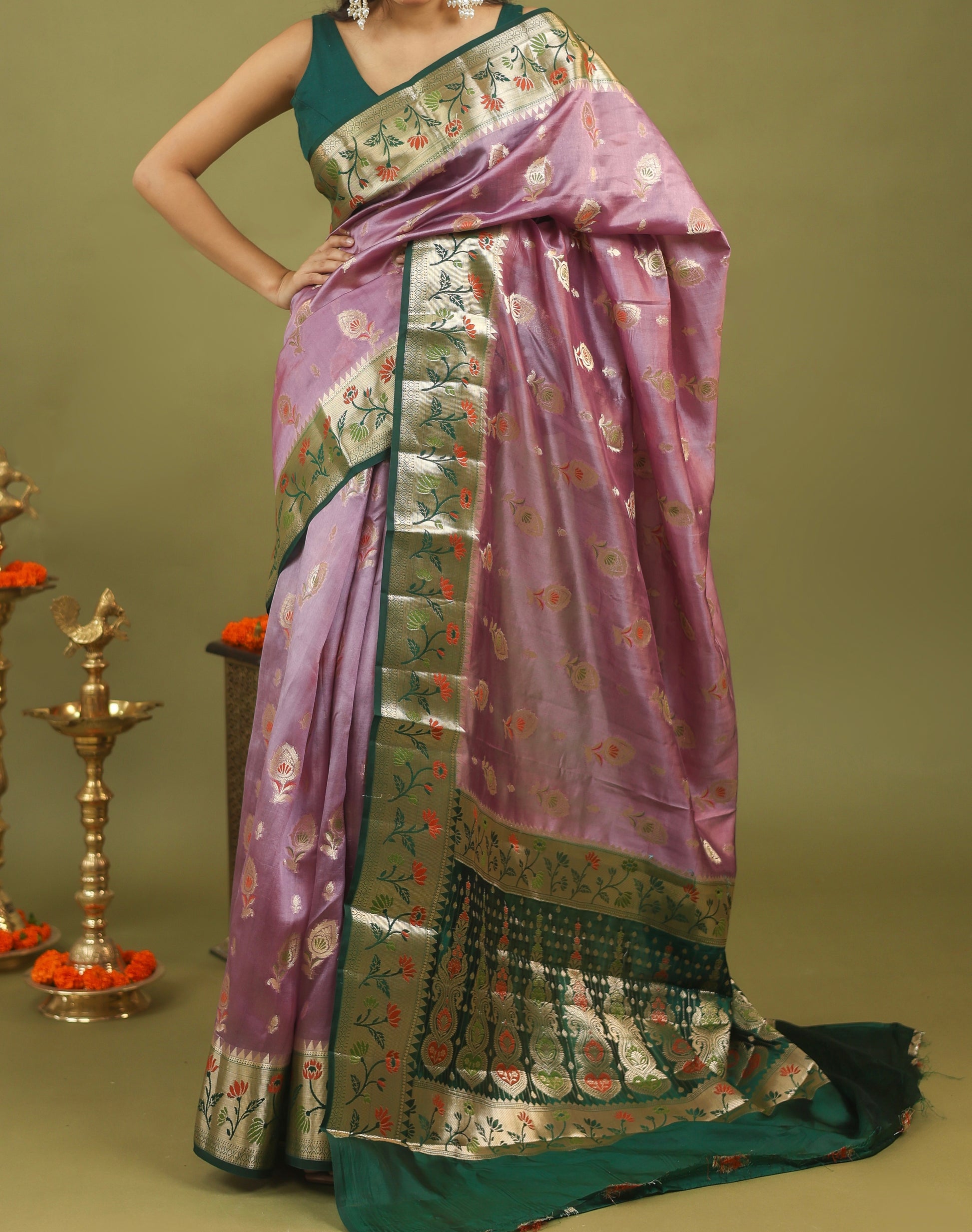 Lavender-Green Banarasi Dupion Silk Saree with Zari & Floral Motifs